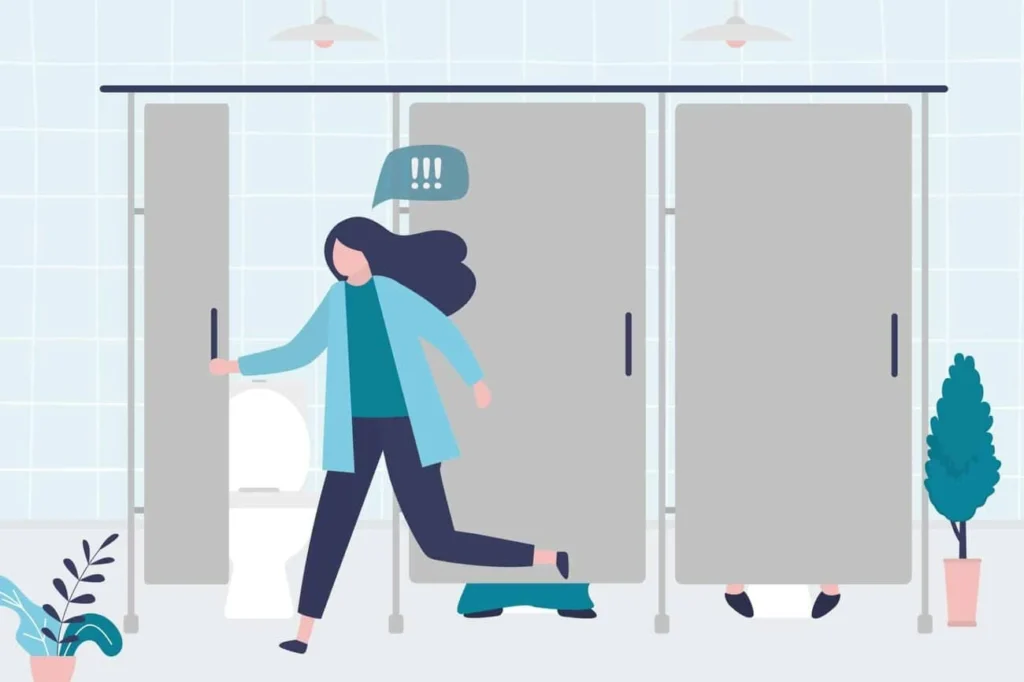 graphic of Urine incontinence Warminster woman running to the toilet.