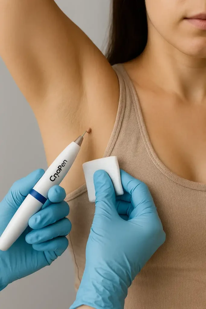 woman having cryopen to remove underarm skin tags Warminster