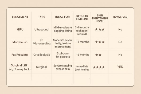 Table showing the comparisons of Skin tightening Warminster treatment options.